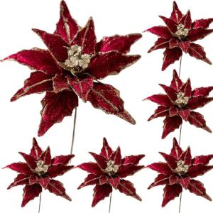 6pcs Poinsettia Blumen künstlich 11 Zoll lebensee Weihnachtsblumen weiche künstliche Blumen mit Glitzerpulver für Weihnachten Neujahrsfeierdekorationen, Burgund, Weihnachtsblume