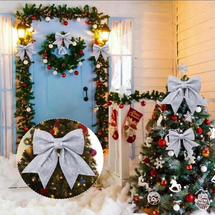 1 + 4 stuks zilveren strikken Kerstmis kerstboom strikken glitter kerstboomversiering voor familiefeesten feestdecoratie voor Kerstmis vakantie bruiloft feesten (2 maat)