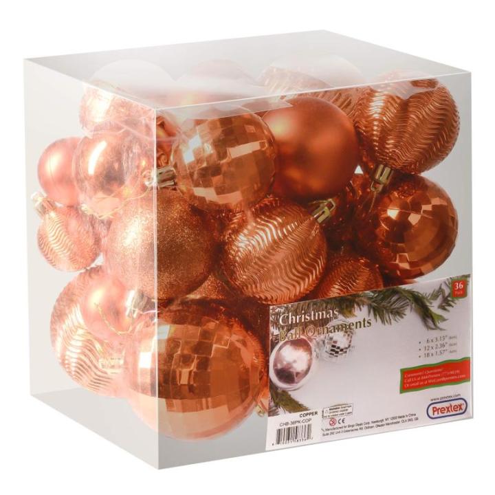 koperoranje kerstbalornamenten voor kerstversiering - 36 stuks kerstboom onbreekbare ornamenten met ophanglus voor vakantie- en feestdecoratie (combo van 6 stijlen in 3 maten)