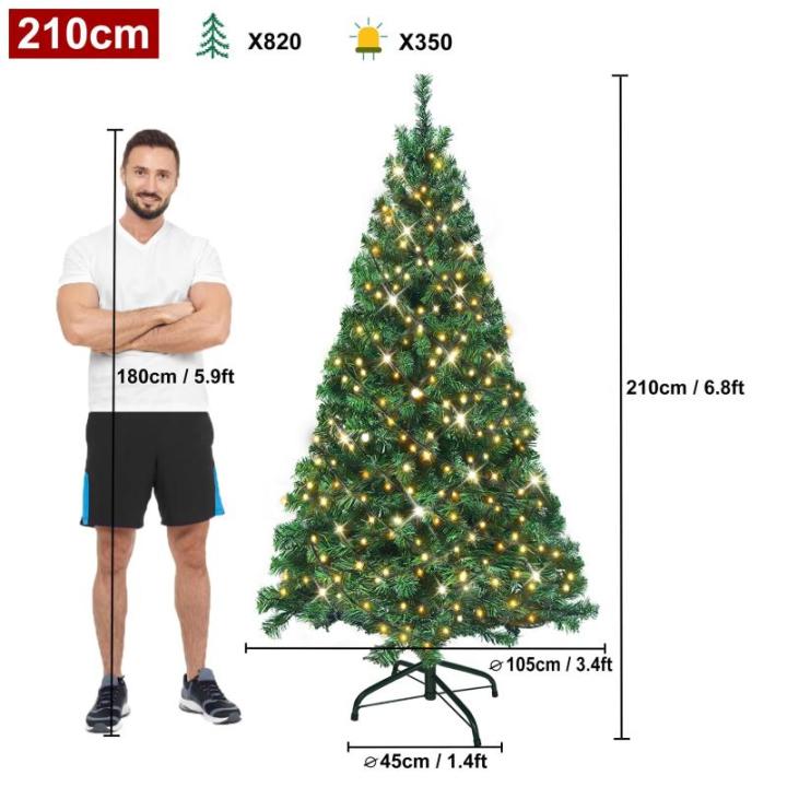 Kunstkerstboom, 210 cm, met verlichting, groen, pvc, edele dennenboom, snelle montage, vuurvast, met kerstboomstandaard (2,1 m, groen)
