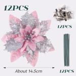 12 stuks glitter kerstster bloemen roze kerstbloemen met 12 stuks kunststof wortelstokken 12 stuks clip kunstglitter kerstboom bloemen voor bruiloft kerstboom decoraties
