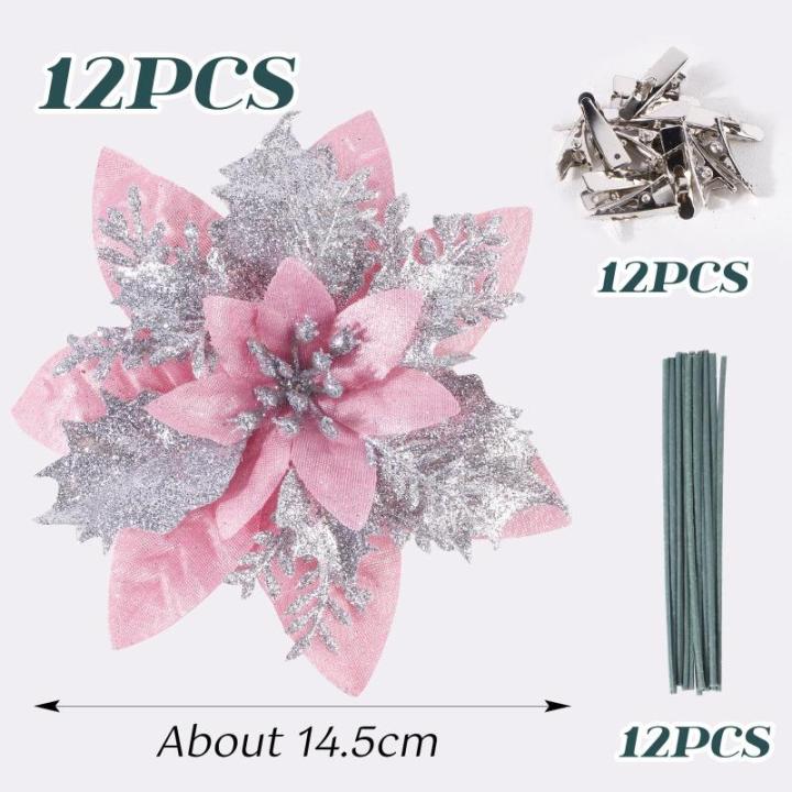 12 stuks glitter kerstster bloemen roze kerstbloemen met 12 stuks kunststof wortelstokken 12 stuks clip kunstglitter kerstboom bloemen voor bruiloft kerstboom decoraties