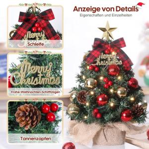 Mini-kerstboom Kleine kerstboom met verlichting, led, tafelkerstboom, klein, kunstmatig versierd voor kerstdecoratie, 40 cm (rood met goud)
