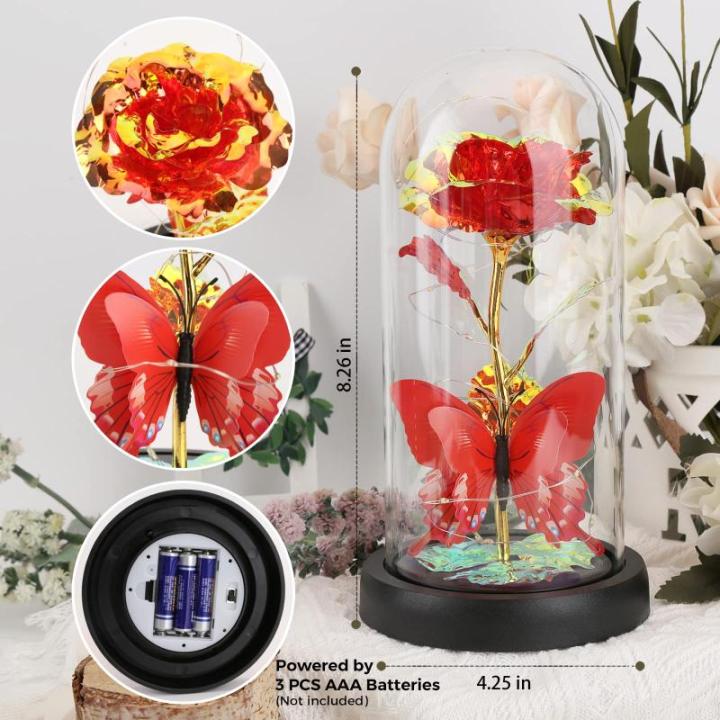 De eeuwige roos "Belle und the Beast", Galaxy Rose, cadeau voor vriendin, roos in een glazen koepel met ledlicht, cadeau voor mama (rood)