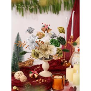 Künstliche Weihnachtssterne, Seidenblumen, künstliche Rosen mit Stielen für Hochzeit, Brautsträuße, Tischdekoration, Weihnachtsdekoration (Gold & Silber & Grün)