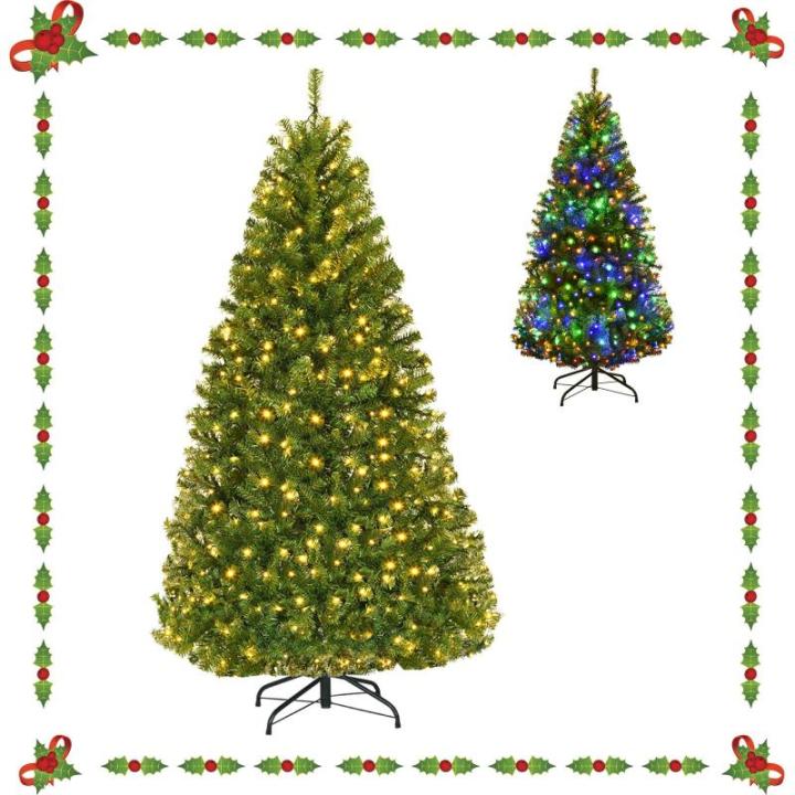 Künstlicher Weihnachtsbaum mit LED Beleuchtung, Tannenbaum Grün aus PVC Nadeln, Christbaum mit Klappbarem Metallständer, Christemas Tree 11 Lichtmodi /5 Farbwechsel (150 cm)