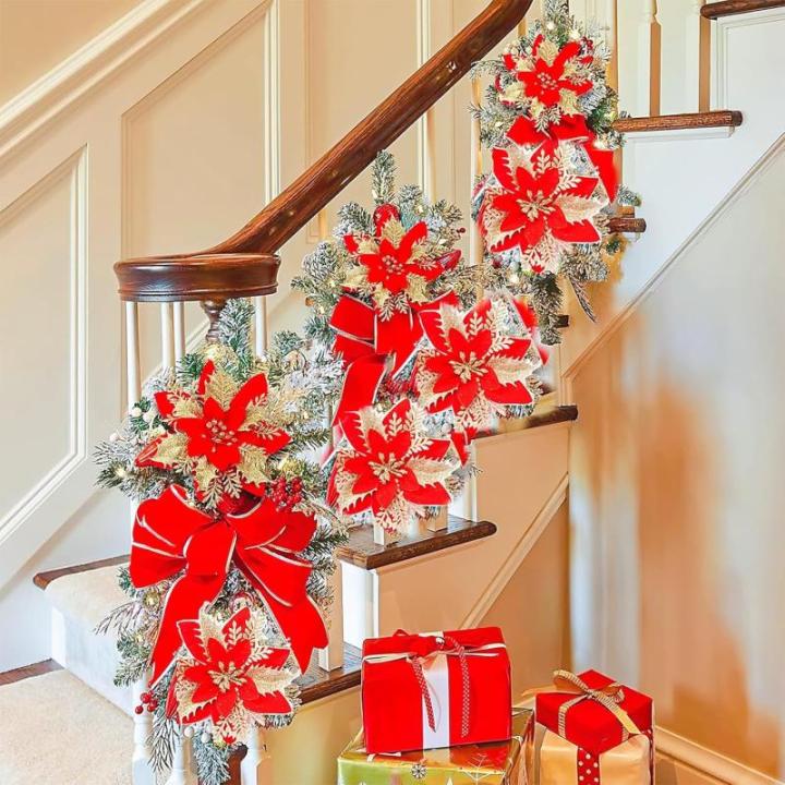 12 stuks kerstdecoratie, kunstbloemen voor Kerstmis, kerstster, kunstdecoratie, bloemen, fonkelende kerstster, bloemen, glitter, kerstboomdecoratie (rood + goud)