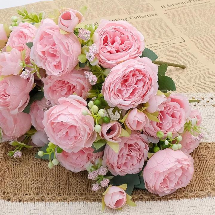 4 trossen kunstmatige pioenbloemen, buiten, echte zijden bloemen voor bruiloft, thuis, tafel, feest, raamdecoratie