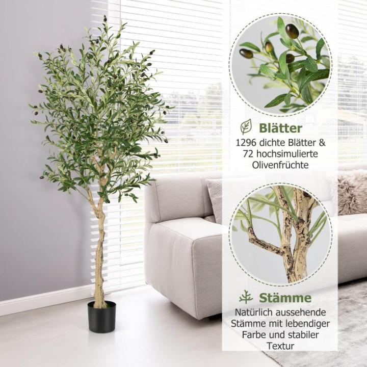 Kunstolijfboom, kunstplant 180 cm, kamerplant met cementpot, natuurlijke bladeren en 72 vruchten, kunstboom voor tuin, kantoor, thuis, , groen
