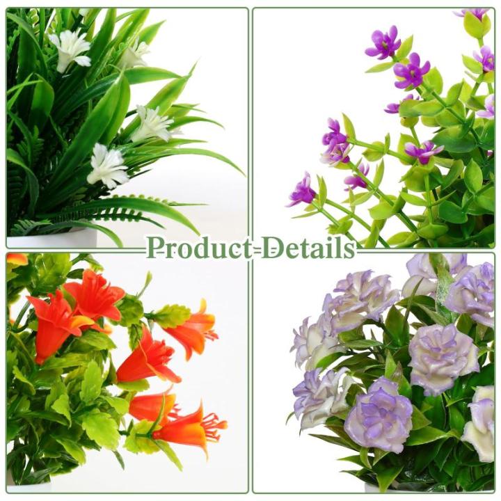 met pot, kleine potplanten, 4 stuks, kunstplant met bloemen, groene planten, decoratie, plastic planten, indoor decoratie voor kantoor, huis, balkon, woonkamer, badkamer