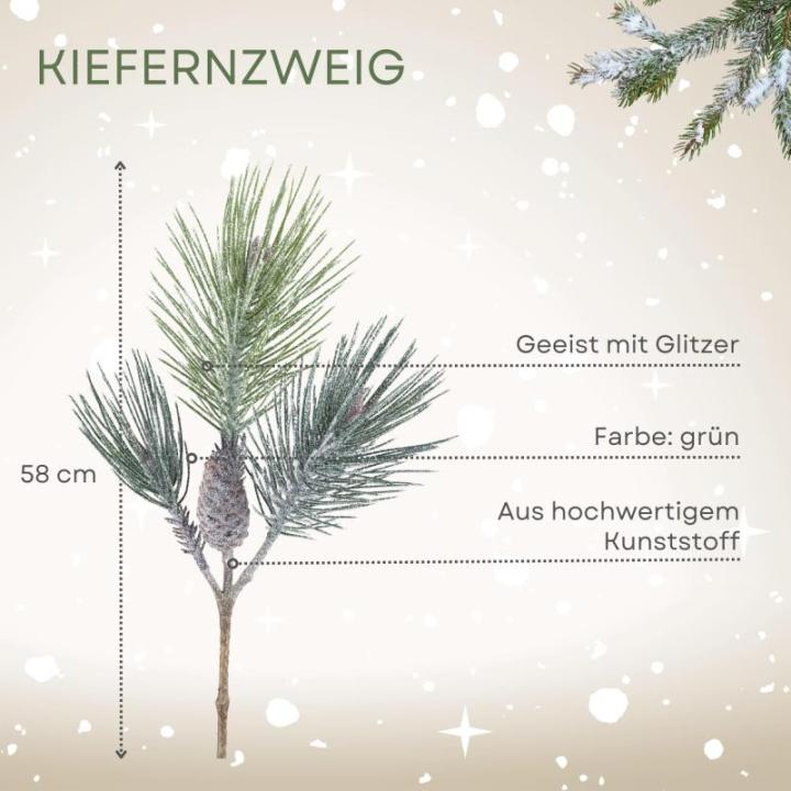 Kerstdennentak, geeist met glitter, 58 cm, kunstdennentak met natuurgetrouwe dennenappels en naalden, kerstdecoratie, tafeldecoratie voor Kerstmis, kerststuk