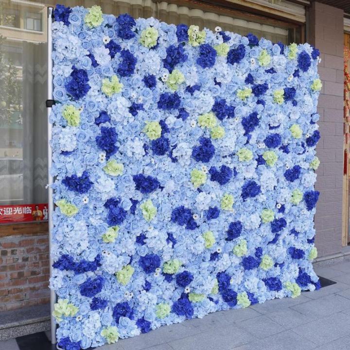 Blaue Simulierte Hochzeitsblumenwand, Blumenarrangement, Blumen-Wandpaneel-Set, Künstliche Wand, Blumen-Hintergrund, 3D-Seide, Hortensie, Rose, Blumenpaneel Für Fotohintergrund, 