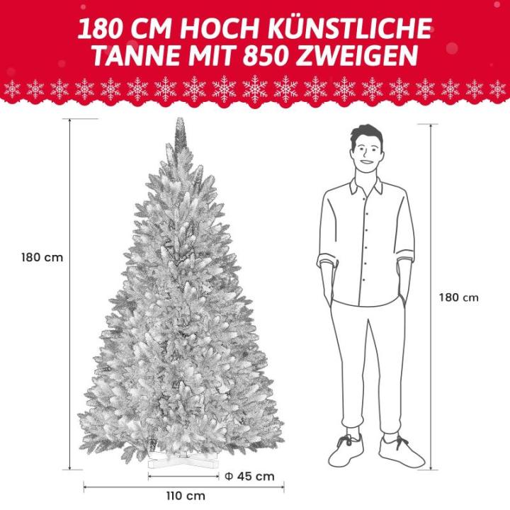 Onin, kunstkerstboom met kunstsneeuwcoating op punten, met 850 takken en houten standaard, inclusief 75 PE-spuitgietwerk en 775 pvc-punten, klapsysteem (H180 cm)