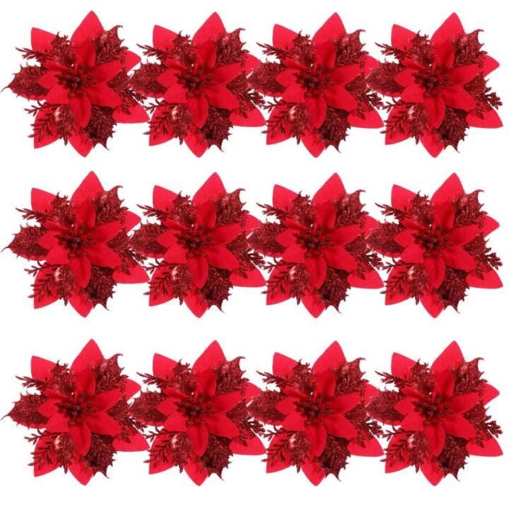 12 Weihnachtsstern-Weihnachtsdekorationen Weihnachtsbaum-Blumendekorationen Mit Clips Und Stielen Künstliche Weihnachtssterne Für Weihnachtskranz-Partydekorationen