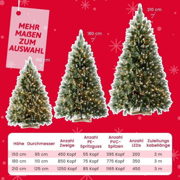 Wija Kerstboom met verlichting, kunstkerstboom met lichtketting, 350 warm wit licht en kunstsneeuwcoating, 850 takken en houten standaard, van PE-spuitgietwerk en pvc, 180 cm