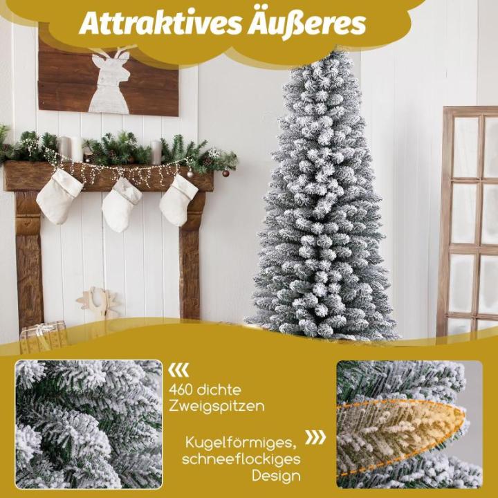 Kunstkerstboom, potlood, 180 cm, dennenboom met sneeuw, kerstboom met 460 takken en inklapbare metalen standaard, slanke kunstboom, Kerstmis voor thuis, op kantoor (groen)