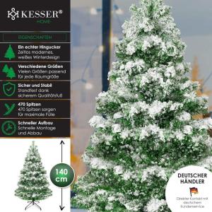 Kunstkerstboom PE 140 cm met 470 takjes, dennenboom, kunstdennenboom, snelle montage, incl. kerstboomstandaard, kerstdecoratie – PE Groen/Sneeuw, 1,4 m, dennenboom, Kerstmis