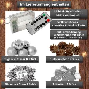 Kunstkerstboom (WBD) met kerstdecoratie en led-lichtketting met afstandsbediening, kerstboom versierd met verlichting, kunstkerstboom