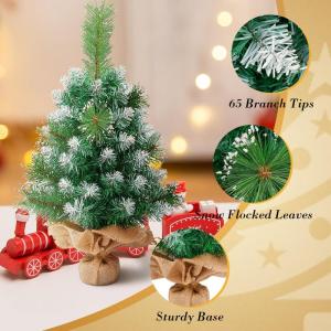 60 cm kunstkerstboom met sneeuwvlokkendecoratie, 2 soorten dennenbladeren, 65 punten, linnen katoen en cementbasis voor kerstdecoraties