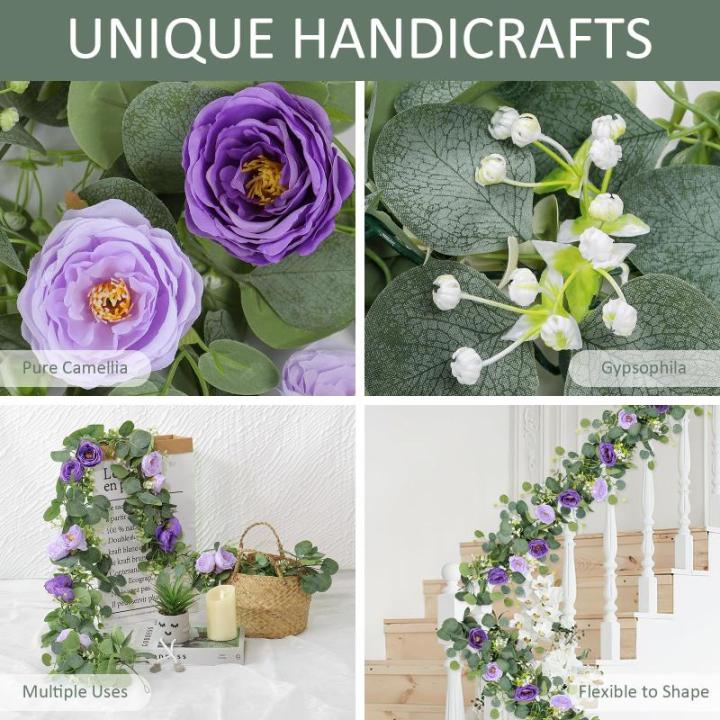 Künstliche Eukalyptus-Blumengirlande mit violetten Rosen, Seidenblumen, Grün, Girlande, Kunstschleierkraut, Efeu-Ranken für Hochzeit, Zuhause, Weihnachten, Party, Tischläufer, 