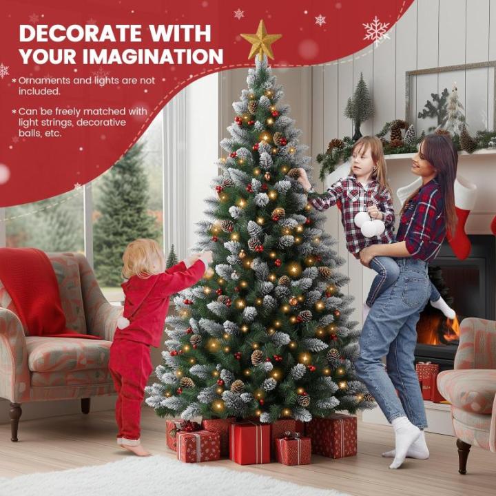 Nordmann Kunstkerstboom met sneeuweffect, dennenappels en rode bessen, 180 cm, automatische dennenboom, kunstkerstboom met metalen standaard, Nordmann-spar, moeilijk ontvlambare ke