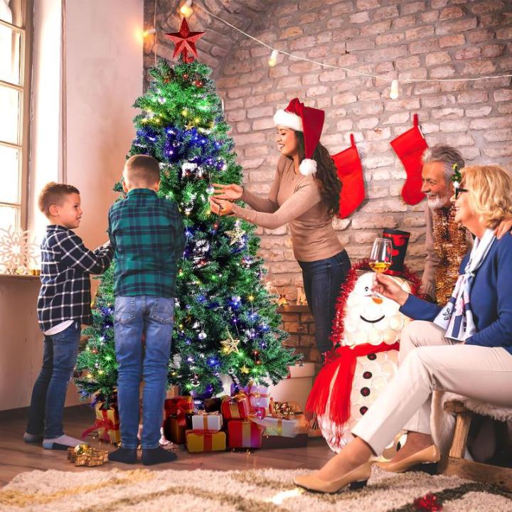Kerstboom 210 cm (Ø ca. 135 cm), kunstkerstboom groene dennenboom met 1346 takken, 7 FT kerstboom met houten standaard klapsysteem, verwijderbaar inklapbaar en moeilijk ontvlambaa