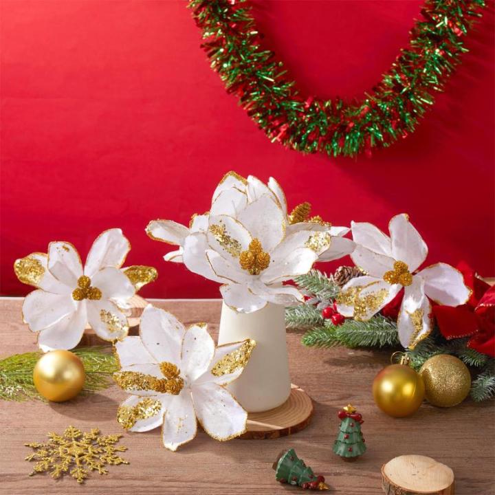 Künstliche Weihnachtssterne mit Glitzer, Samt, Magnolie, Blume, künstliche Weihnachtssterne, dekorative Blume für Weihnachtsbaumdekoration (weiß, gold), 16 Stück