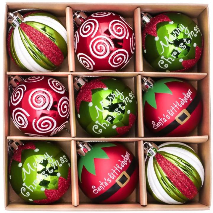9pcs 6cm , Kerstboomballen, Elfenthema Rood Groen Wit, Kerstboomdecoratie, Uitgerust met Touw Kraftpapier Inpakpapier