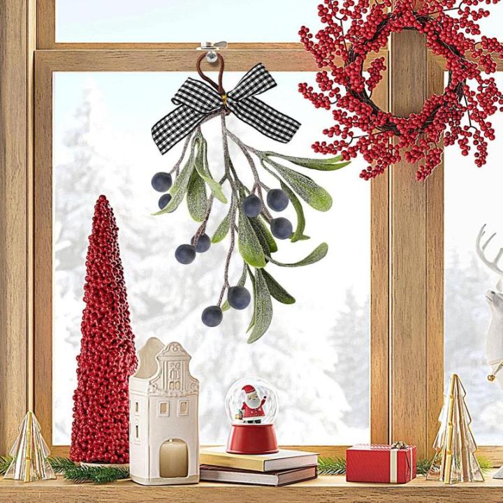 Grüne Weihnachtsmistel,Weihnachtsmisteldekoration - Weihnachtsdekoration, handgefertigter grüner Mistelzweig,Künstlicher Mistelzweig mit Schleife für Weihnachtsbaum, Fenster, K