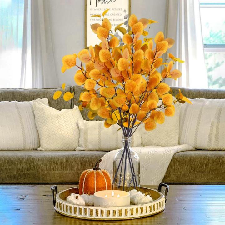 6 eucalyptus decoratieve kunstherfstbladeren takken, kunstbloemen herfstbloemen herfstbloemen kunstbladeren, herfsttakken herfstbladeren decoratieve takken geel voor herfstdecorati