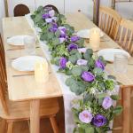 Künstliche Eukalyptus-Blumengirlande mit violetten Rosen, Seidenblumen, Grün, Girlande, Kunstschleierkraut, Efeu-Ranken für Hochzeit, Zuhause, Weihnachten, Party, Tischläufer, 