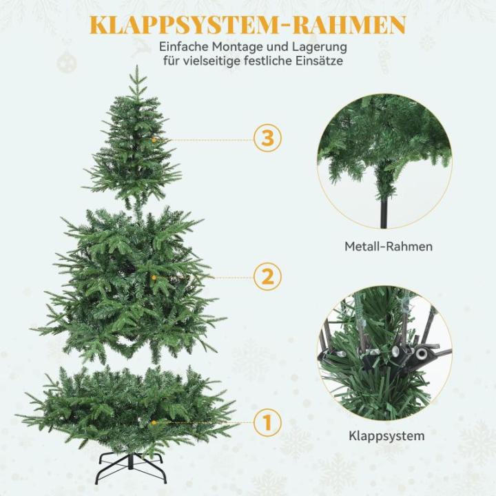 Premium kunstkerstboom, 212 cm, ca. 1100 takpunten, PE spuitgietwerk en pvc, natuurgetrouwe dennenboom met klapsysteem en metalen standaard, snelle montage voor thuiswinkels, 212 x