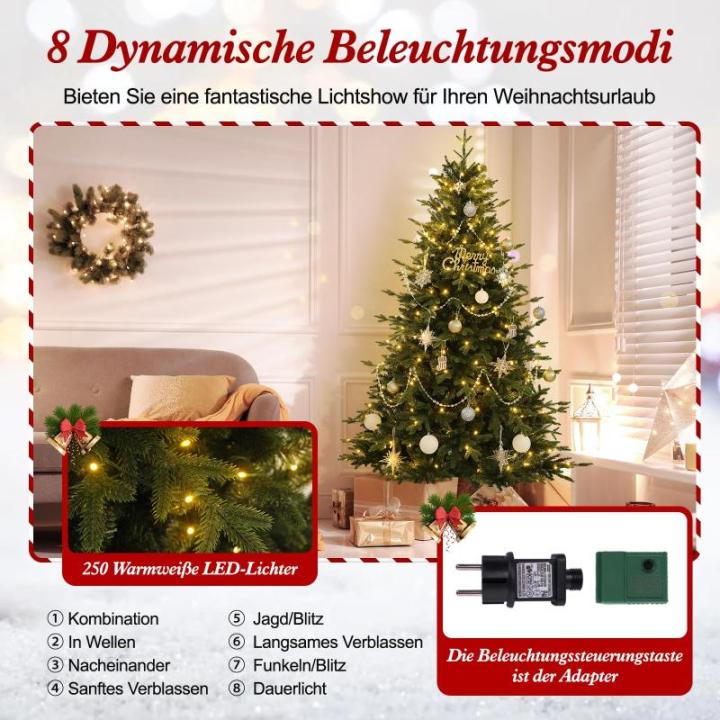 Kunstkerstboom met 250 leds, PE & pvc, diameter ca. 124 cm, met sneeuw, 180 cm, 1000 takpunten, metalen gewrichten en inklapbare standaard, kerstboom voor kantoor, thuis, winkel, f