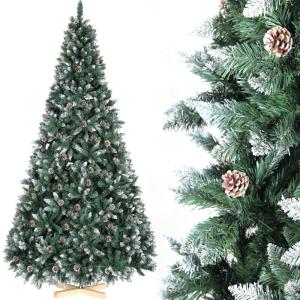 Nordmann Kunstkerstboom met sneeuweffect, kunstkerstboom met handgemaakte houten standaard, sneeuw, 28 dennenappels en 676 punten, eenvoudig te monteren