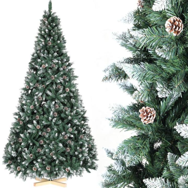 Nordmann Kunstkerstboom met sneeuweffect, kunstkerstboom met handgemaakte houten standaard, sneeuw, 32 dennenappels en 1092 punten, eenvoudig te monteren