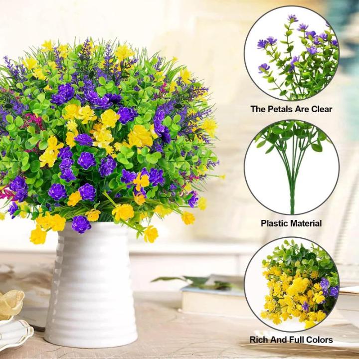 12 bundels voor buiten, kunststruiken, decoratie, UV-bestendig, balkonplanten, struiken, plastic bloemenboeket voor het ophangen van plantenbakken, veranda, vaas, tuin
