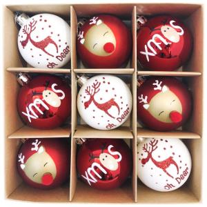 9 stuks 6cm , kerstboomballen, traditioneel rood en wit elandentekenthema, kerstboomversiering, uitgerust met touw kraftpapier inwikkeling