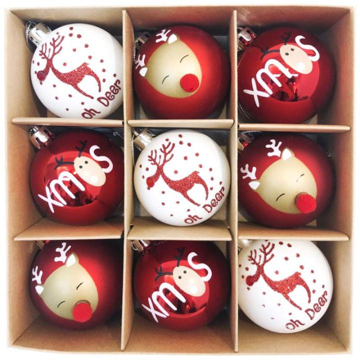 9 stuks 6cm , kerstboomballen, traditioneel rood en wit elandentekenthema, kerstboomversiering, uitgerust met touw kraftpapier inwikkeling