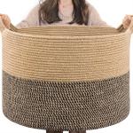Dekenmand, grote manden voor opslag, speelgoedmanden opslag kinderen, 21,7 x 13,8 inch katoenen touwmand voor woonkamer, rieten manden om te organiseren, 90 l, zwart en jute