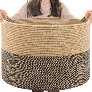 Dekenmand, grote manden voor opslag, speelgoedmanden opslag kinderen, 21,7 x 13,8 inch katoenen touwmand voor woonkamer, rieten manden om te organiseren, 90 l, zwart en jute