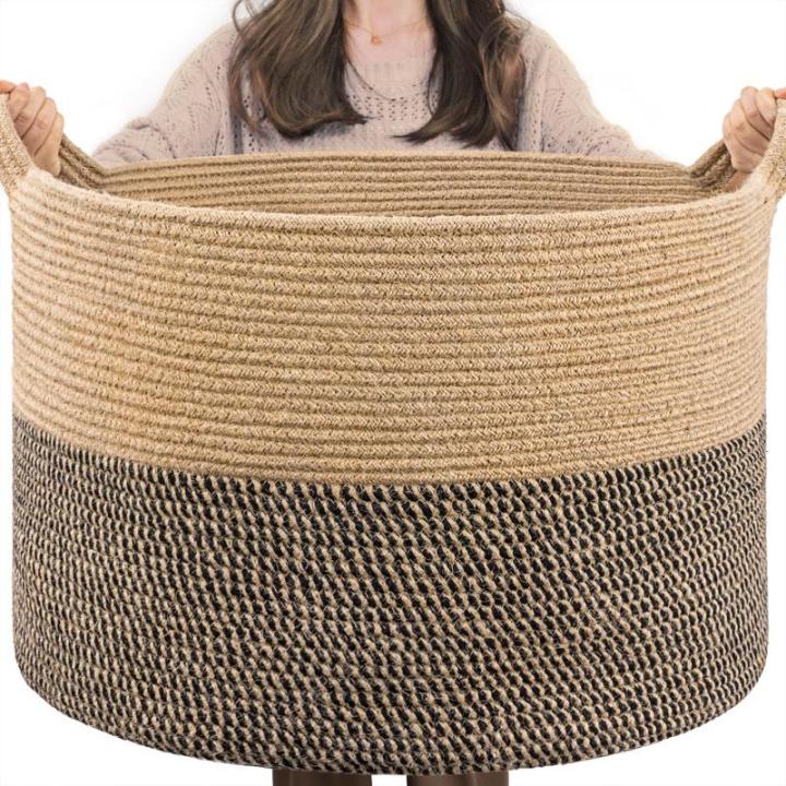 Dekenmand, grote manden voor opslag, speelgoedmanden opslag kinderen, 21,7 x 13,8 inch katoenen touwmand voor woonkamer, rieten manden om te organiseren, 90 l, zwart en jute