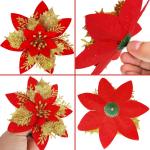 20 Stück Weihnachten Glitzer Weihnachtsstern Blumen mit Clips, Poinsettia Weihnachtsblume Glitzernde für Weihnachtsbaum Dekorationen (Gold Rot)