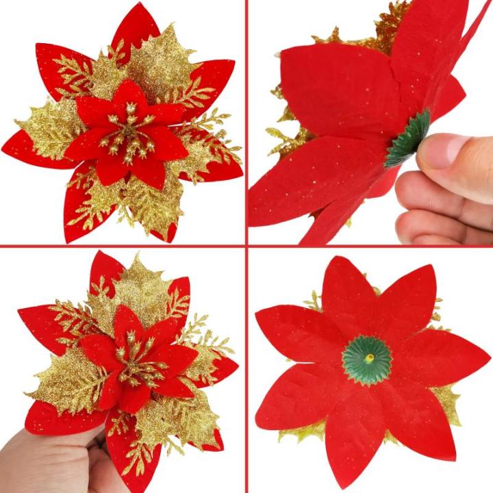 20 Stück Weihnachten Glitzer Weihnachtsstern Blumen mit Clips, Poinsettia Weihnachtsblume Glitzernde für Weihnachtsbaum Dekorationen (Gold Rot)