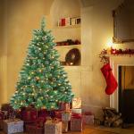 Kunstkerstboom met verlichting, dennenboom, groen, pvc, met sneeuweffect, met dennenappels, kerstdecoratie met metalen standaard