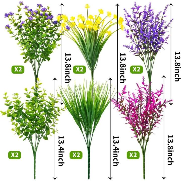 12 bundels voor buiten, kunststruiken, decoratie, UV-bestendig, balkonplanten, struiken, plastic bloemenboeket voor het ophangen van plantenbakken, veranda, vaas, tuin