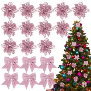 12 stuks glitterkerstster bloemen met 6 stuks kerststrikken glitter kerstbloemen decoratie kunstglitter kerstboom bloemen voor boomversiering Kerstmis