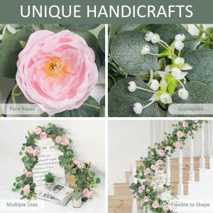 Künstliche Eukalyptus-Blumengirlande mit rosa Rosen, künstliche Pflanzen, Seide, Blumen, grüne Girlande, Kunstschleierkraut, Efeu-Ranken für Hochzeitsdekoration, Zuhause, Party
