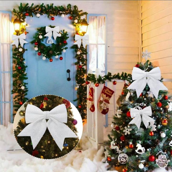 1 + 4 stuks witte strikken voor Kerstmis, kerstboom, strikken, glitter, kerstboomversiering voor familiefeesten, feestdecoratie voor Kerstmis, vakantie, bruiloft, feesten (2 maat)