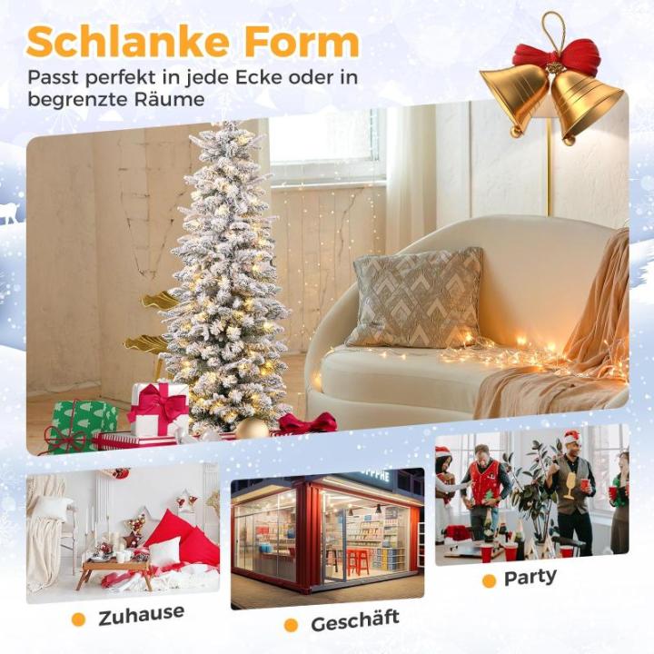 Kunstkerstboom met sneeuw, 120/140 warmwitte leds, 8 transformatiemodi, 249/334 takpunten, van PE en pvc, 150 cm/180 cm, met cementbasis (150 cm)