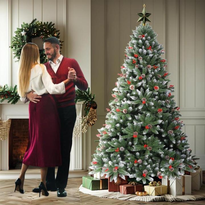 Kunstkerstboom 150 cm, kerstboom met verlichting, met dennenappels, sneeuw, 500 twijgen, kerstboom met metalen standaard